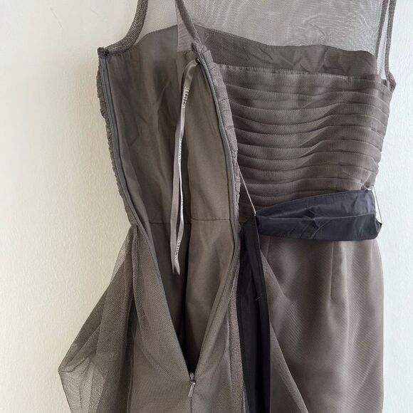 White by Vera Wang Gray Sheer Mini Bridesmaid Dress Illusion Neckline Belted 2 - Picture 11 of 14